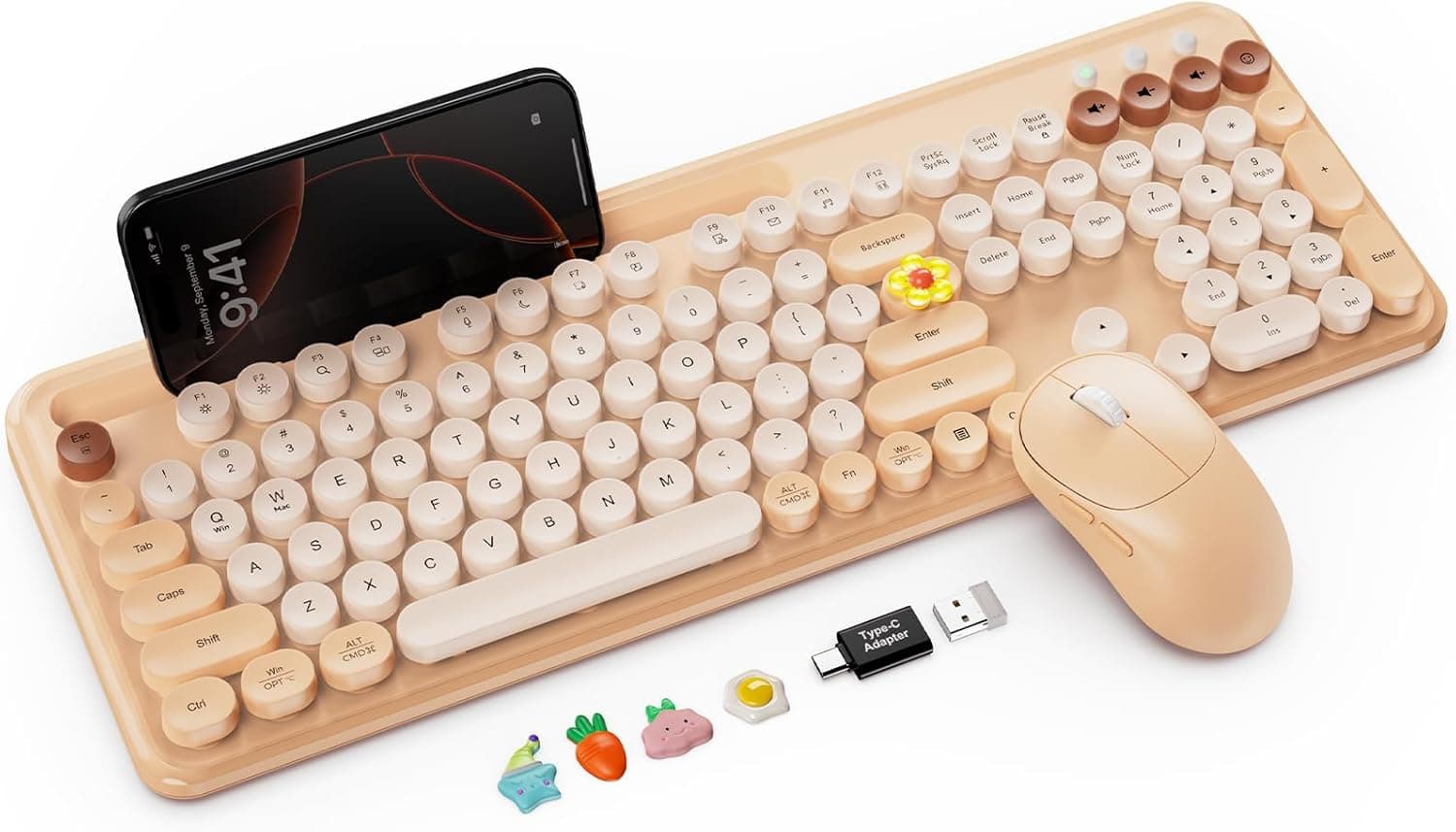 ワイヤレスキーボードとマウスのコンボ、レトロなラウンドキーキャップ、フルサイズのかわいいタイプライターキーボード、大きな携帯電話/タブレットホルダー付き、オートスリープ、2.4GHzコードレス接続 Windows/PC/ラップトップ用(ミルクティーベージュ)