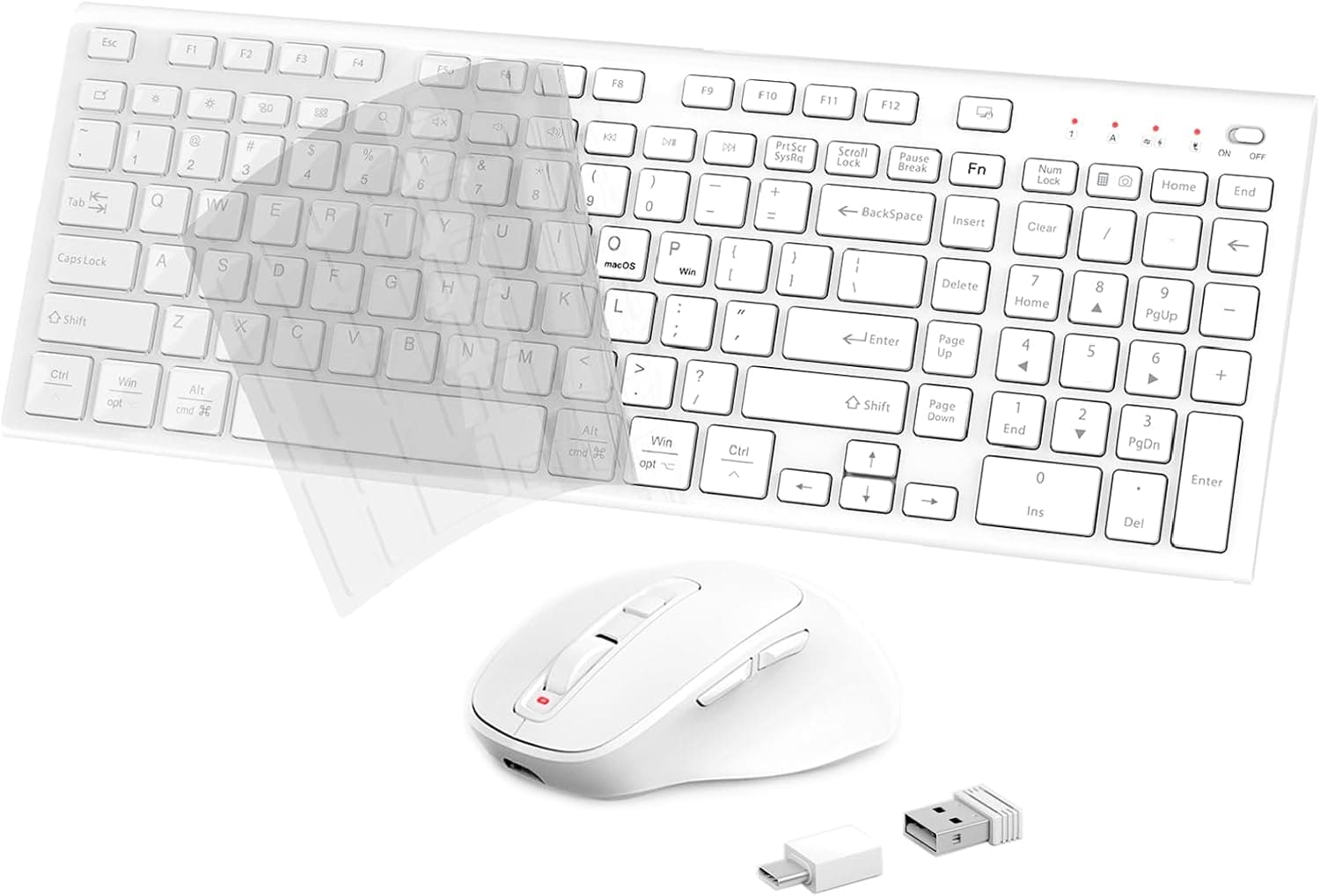 FENIFOX ワイヤレスキーボードマウスコンボ人間工学充電式静音スリムコンパクトフルサイズ USB C ナンバーパッド付きフラットソフトカバー PC コンピューター ノートパソコン Mac MacBook iMac TV Windows OS用 - ホワイト