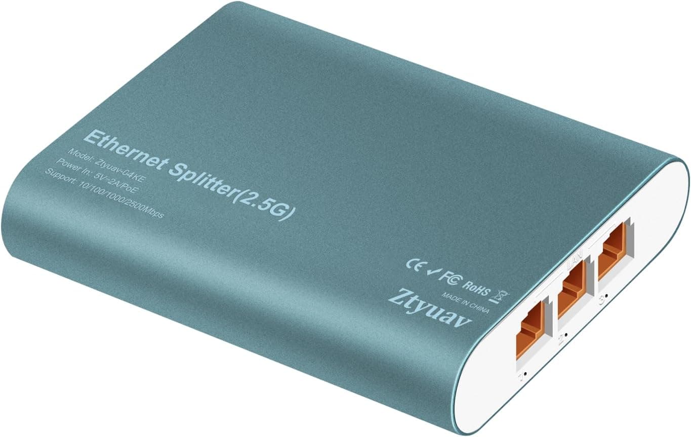 Ztyuav 2.5Gbps イーサネットスプリッター 1イン3出力RJ45 LANスプリッター 2500Mbps Type-C電源ケーブル付き Cat5