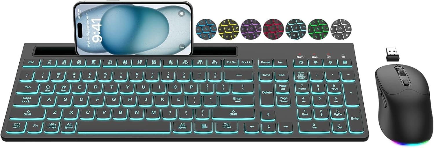 ワイヤレスキーボードとマウスのコンボ、7つのバックライト効果、ライトアップ文字、充電式、電話ホルダー、6ボタンマウス、人間工学に基づいた傾斜角度、2.4GHzサイレントUSBキーボードマウス ノートパソコン、コンピューター、PC用