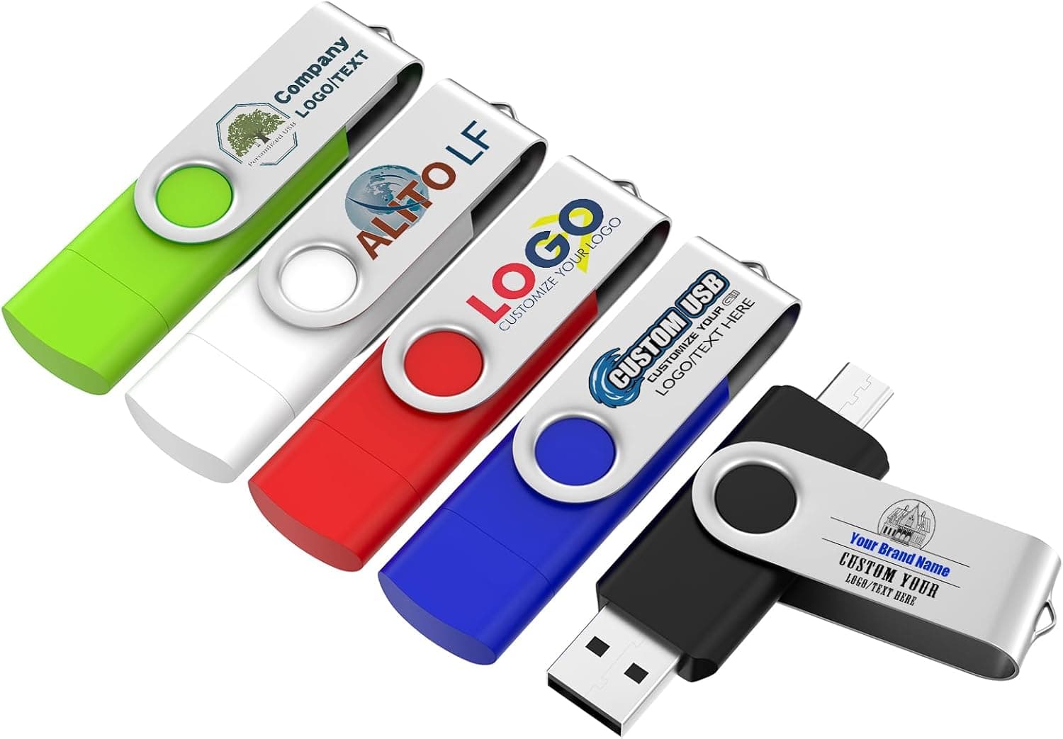 カスタマイズ可能な16GBフラッシュドライブ 10個パック ABLAZE デュアルUSB 2.0+ Type Cサムドライブロゴ付きパーソナライズされたUSBメモリースティック(ミックスカラー)