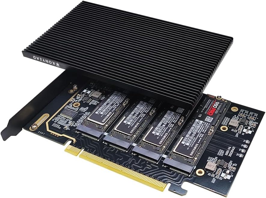 KONYEAD 3006 PCIe 4.0 x8 to 4ポート NVMe M.2 2280 SSD 拡張カードハーフハイトアダプター アルミヒートシンク付きデュアルターボファン温度制御最大32TB (4x8TB) 薄型ブラケット付属