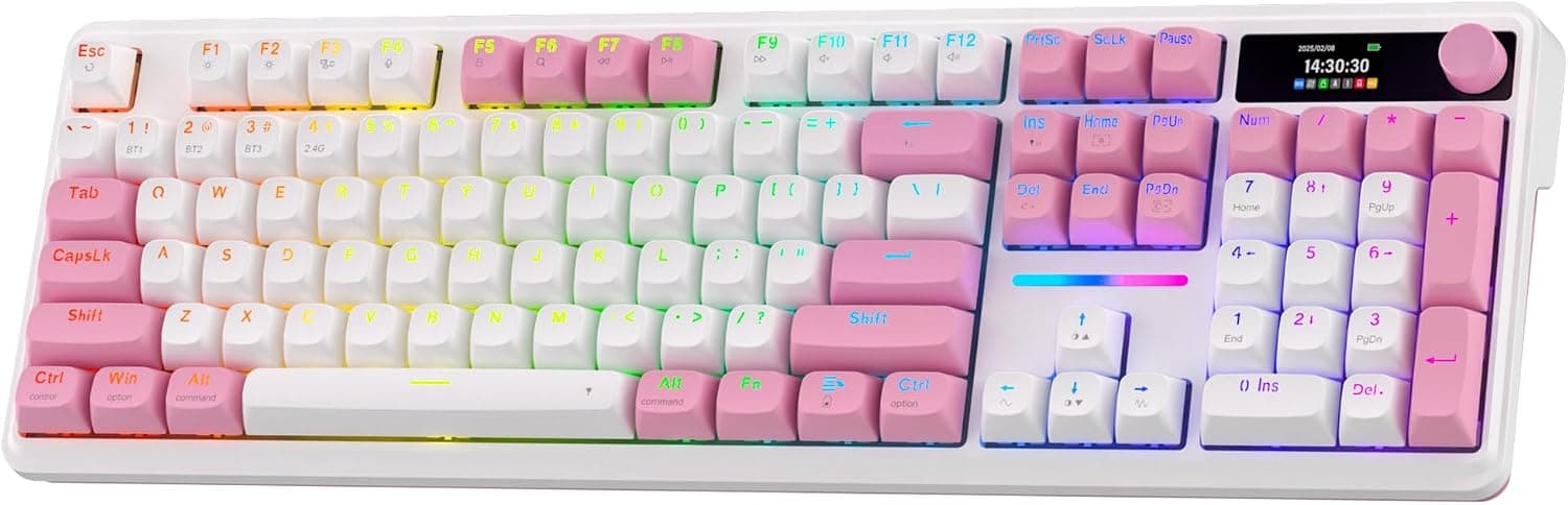 Redragon K762 ワイヤレスガスケットゲーミングキーボードハイプスクリーン&ノブ付き 104キーメカニカルキーボード簡単コントロール 1.14インチ TFT情報表示 5層ノイズ減衰ラウンドPBTキーキャップカスタムリニアスイッチ