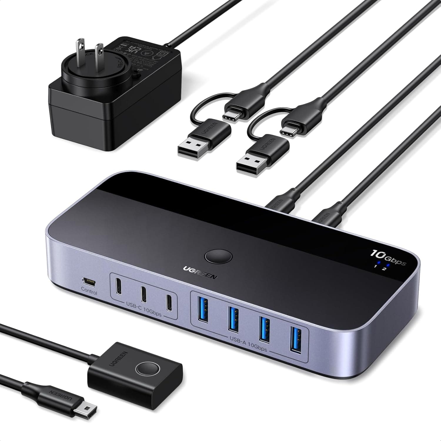 UGREEN 2インチ 7アウト USB 3.2スイッチ 10Gbps USBスイッチャー AまたはCコンピューター用すべてのUSBデバイスを共有 (4 A+3 C) キーボードマウススイッチ Type Cコンバーターアダプター付き電源アダプター