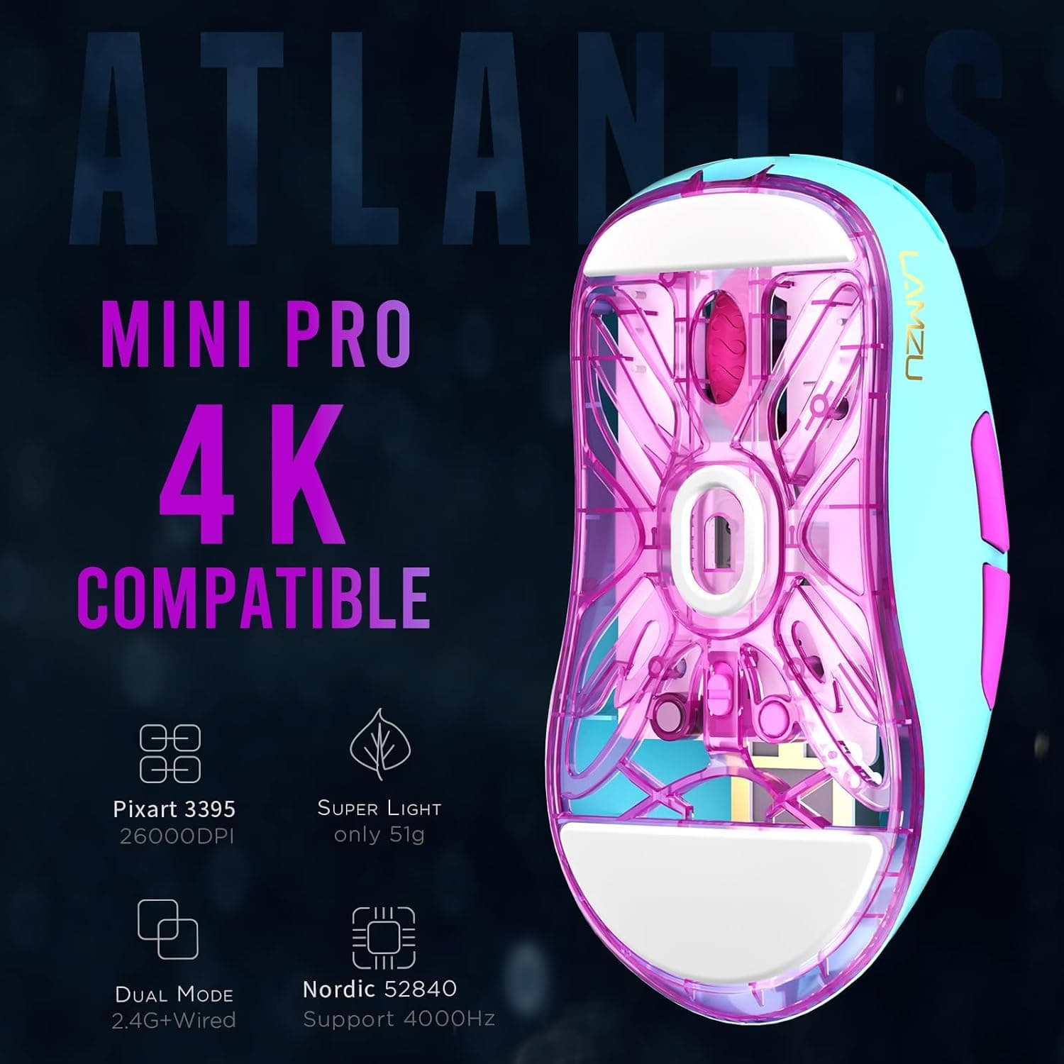 Lamzu Atlantis Mini Pro ゲーミングマウス Miami Blue 軽量51g 26000DPI ラムズアトランティスミニプロ