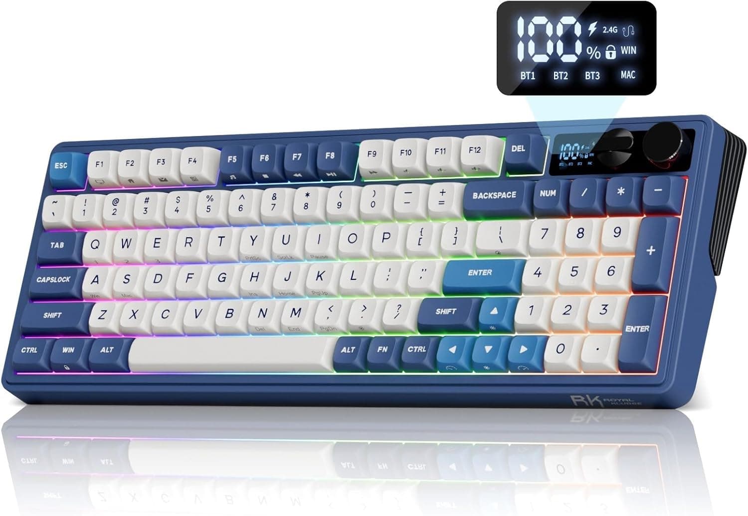 RK ROYAL KLUDGE M100 ワイヤレスメカニカルキーボードスクリーン&amp;デュアルノブ付きトライモードガスケットマウントゲーミングキーボードナンバーパッド付きホットスワップ可能なクリームスイッチブルー