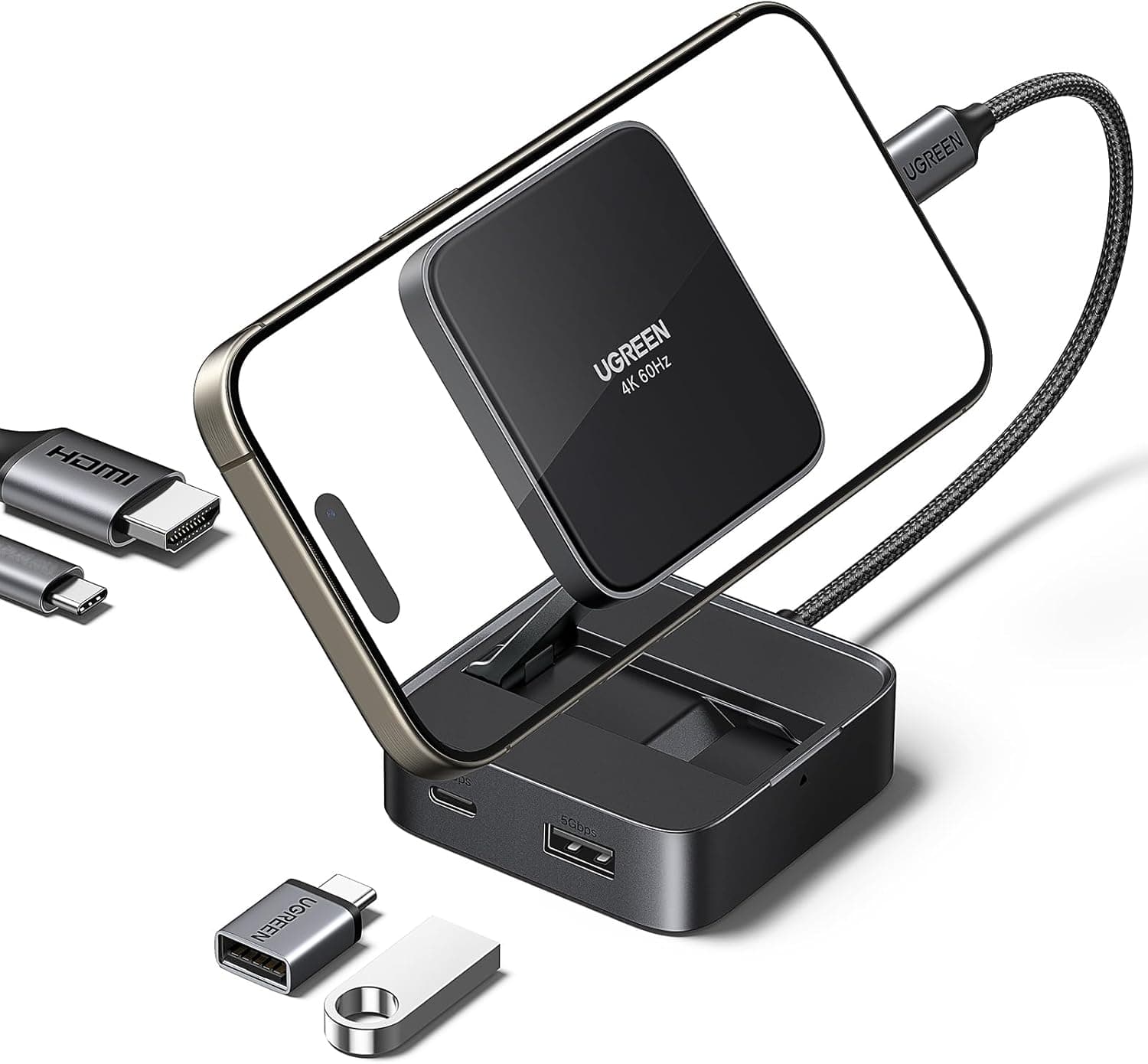 UGREEN USB C ハブ 4-in-1 磁気USB-C HDMI アダプター 4K@60Hz 折りたたみ式ポータブルUSBｃハブ 100W PD 充電 USB-A3.0 &amp; USB-C3.0 5Gbpsデータポート iPhone 15