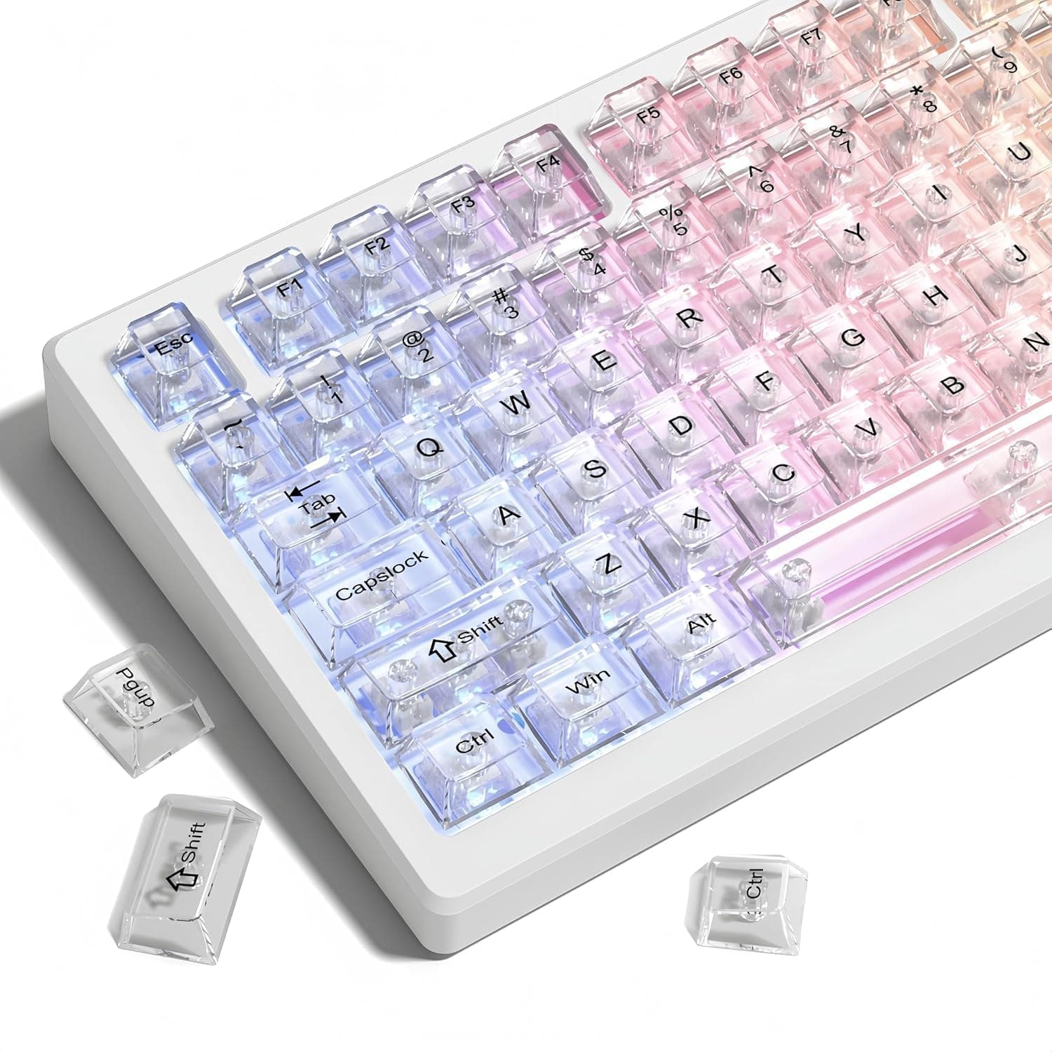 ホワイトクリアキーボードキーキャップ、Womier 透明キーキャップ（60%、75%、100%）、クリスタルジェリーキーキャップセット、シャインスルーキーキャップ、Cherryプロファイルキーボードキャップ（MXスイッチメカニカルキーボード用）