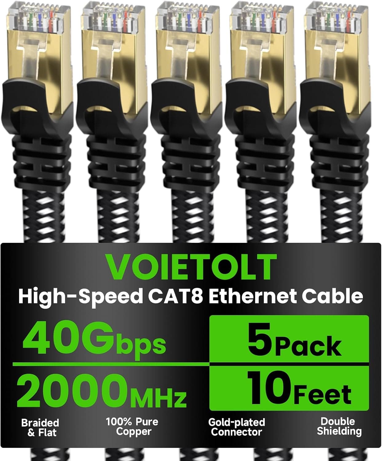 VOIETOLT Cat 8 イーサネットケーブルフラット 10フィート 5パック高速 40Gbps 2000Mhz 編組インターネットケーブル金メッキ RJ45 ネットワークLANケーブル SSTP イーサネットコード PS4