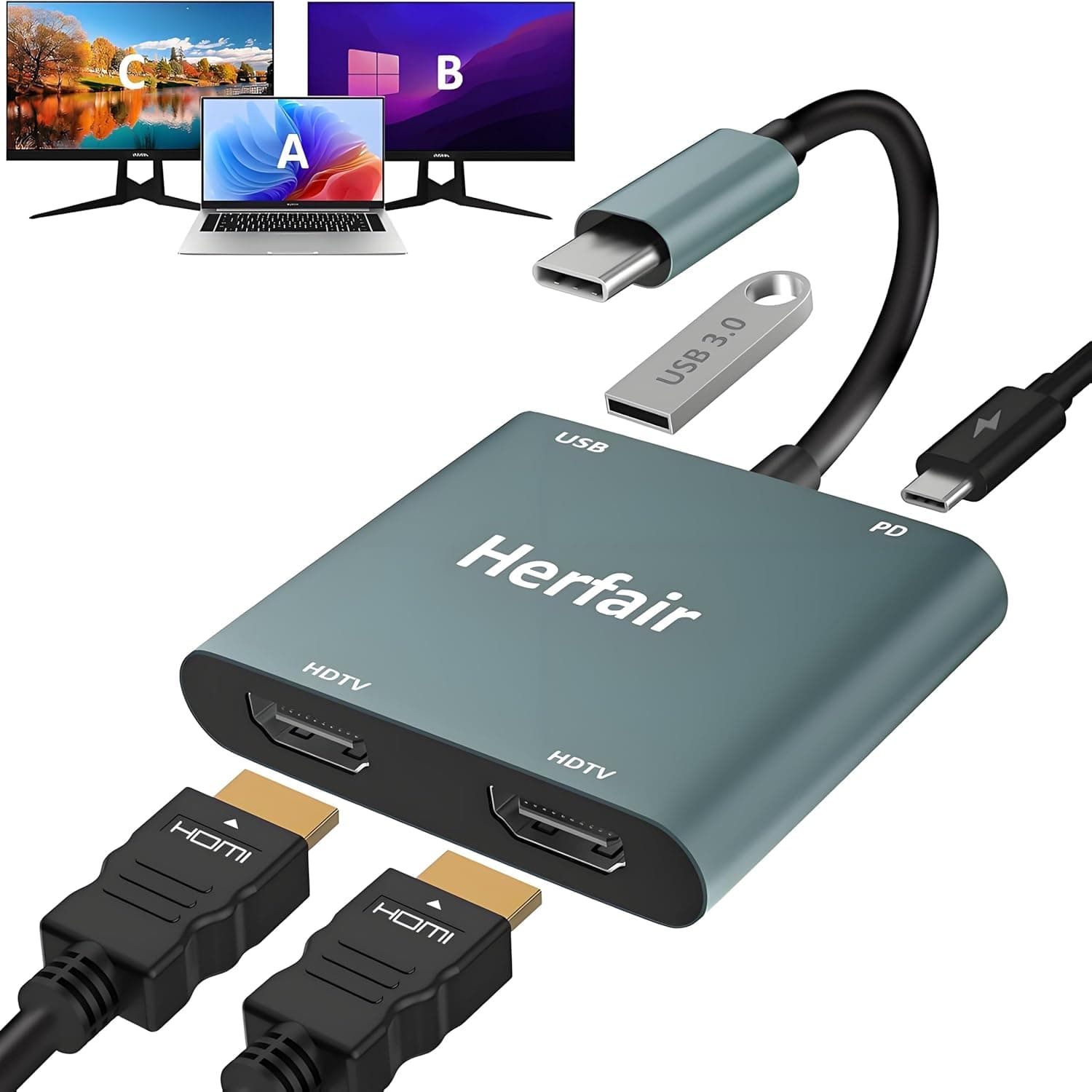 Herfair HDMIスプリッター デュアルモニター用拡張ディスプレイ 1イン2出力 4K USB C→2 HDMIアダプターエクステンダー MacBookノートパソコン用 Windows&amp;ミラーモード対応 MacOS用