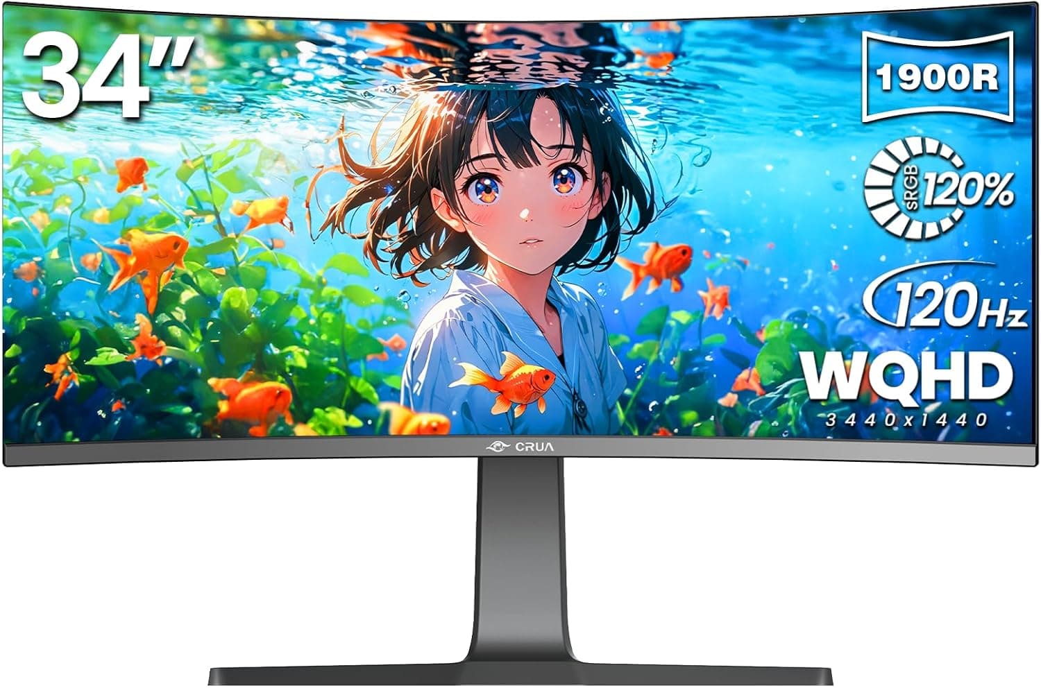 【IPSパネル湾曲モニター】CRUA 34インチゲーミングモニター 1900R 曲面 UWQHD (3440×1440P) 120Hz 21:9 ウルトラワイドディスプレイ