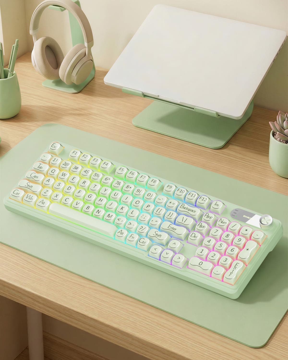 EWEADN V102 ワイヤレスキーボード 102キーゲーミングキーボードスクリーン&amp;メディアノブ付きカスタムRGBバックライトトライモード BT5.0