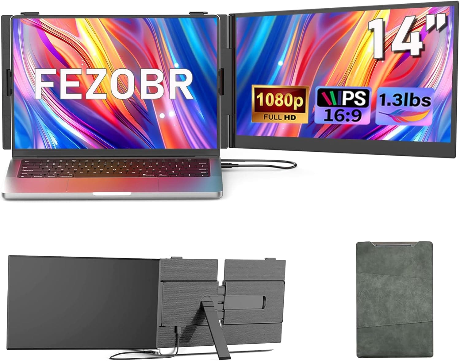 FEZOBR 14インチノートパソコンスクリーンエクステンダー 超薄型0.15インチ FHD 1080P IPS ポータブルモニター ノートパソコン用デュアルモニターエクステンダー プラグアンドプレイ Windows