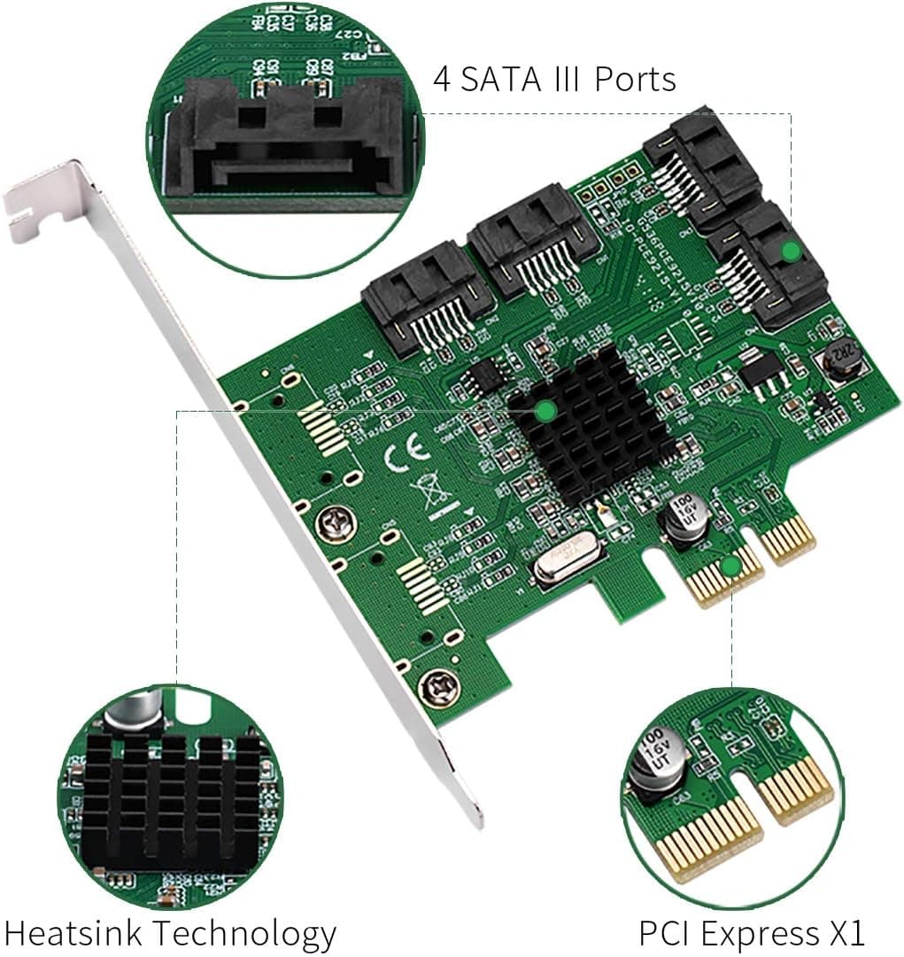 I/O Crest 4ポート SATA III PCI-e 2.0 x1 コントローラーカード Marvell 9215 非RAID ロープロファイルブラケット付き SI-PEX40064