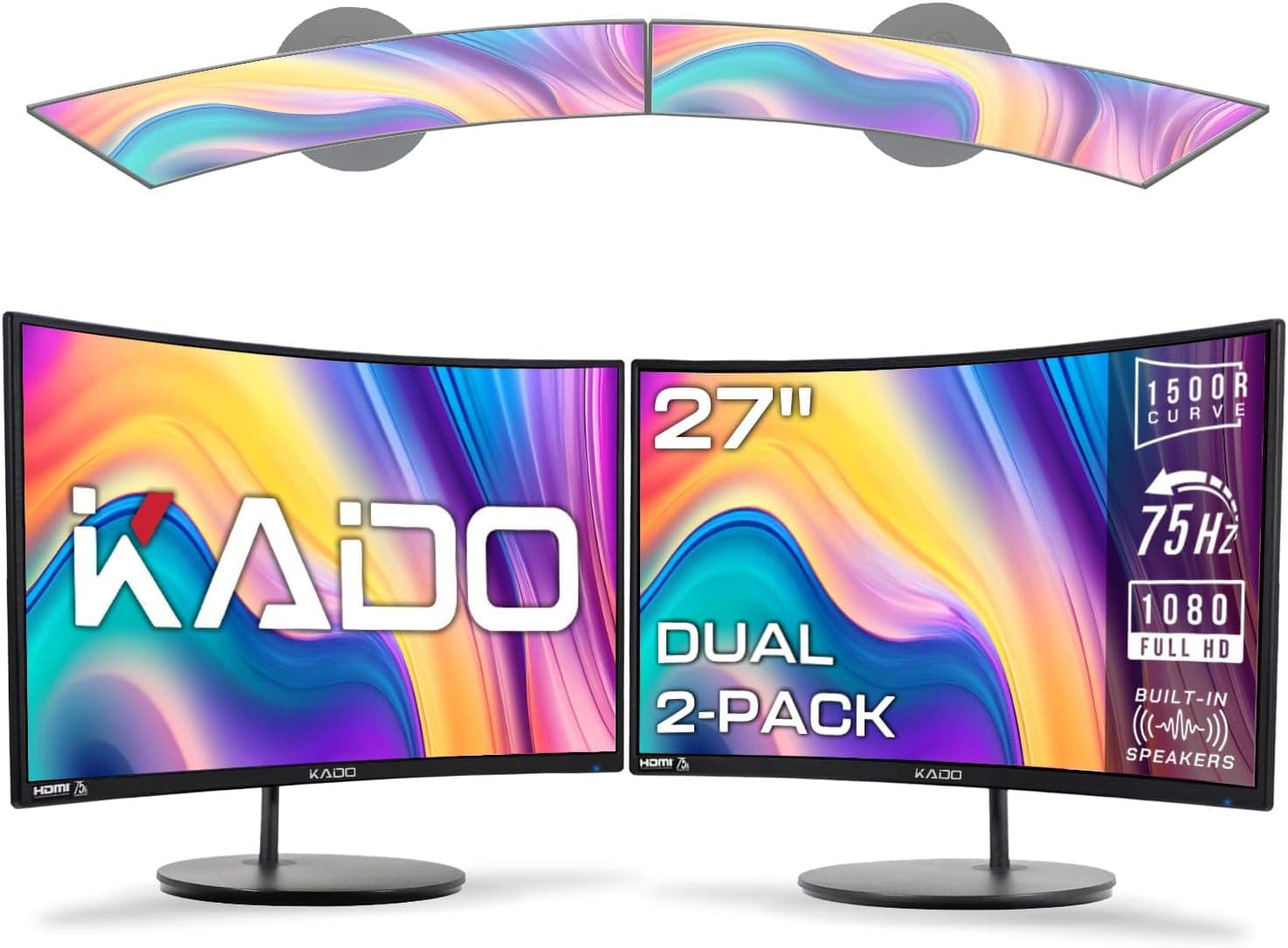 Kado デュアルモニターセットアップ - 27インチカーブ 1920x1080 コンピューターモニター 1500R 75Hz VESA マウント HDMI オフィスゲーミングハイブリッド内蔵スピーカー 2個パック (C27X デュアルシリーズ)