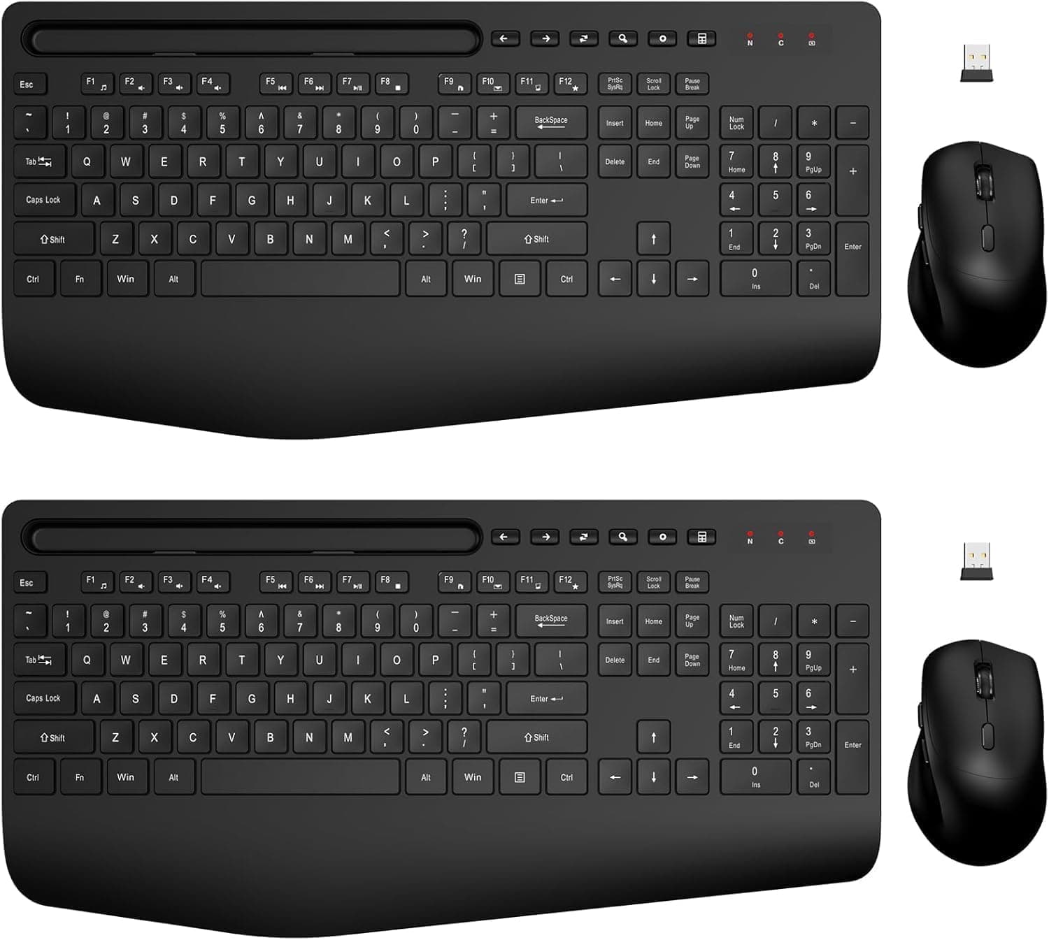 ワイヤレスキーボードとマウスのコンボ - フルサイズの人間工学に基づいたデザイン、クッションリストレスト、内蔵電話スタンド、PC、ノートパソコン用の静かな2.4GHz USB接続 - Trueque (ブラック、2パック)