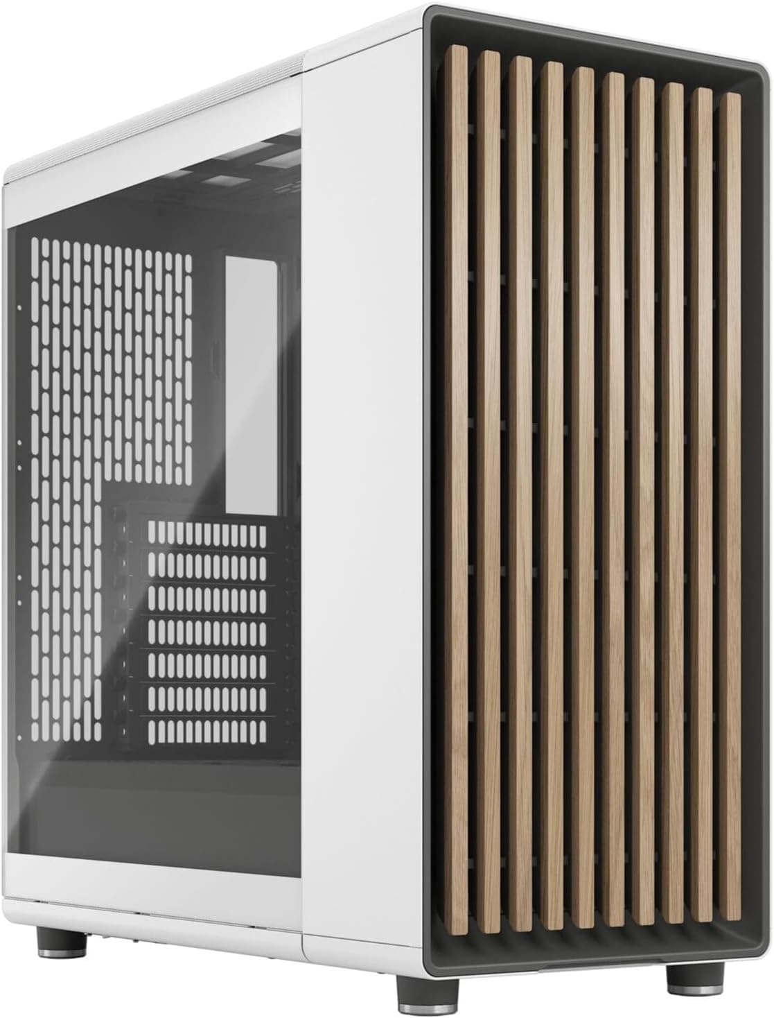 Fractal Design North Chalk ホワイト強化ガラスクリア - ウッドオークフロント - ガラスサイドパネル - 140mmアスペクトPWMファン2個付属 - Type C USB - ATX Airflow Mid Tower PCゲームケース。