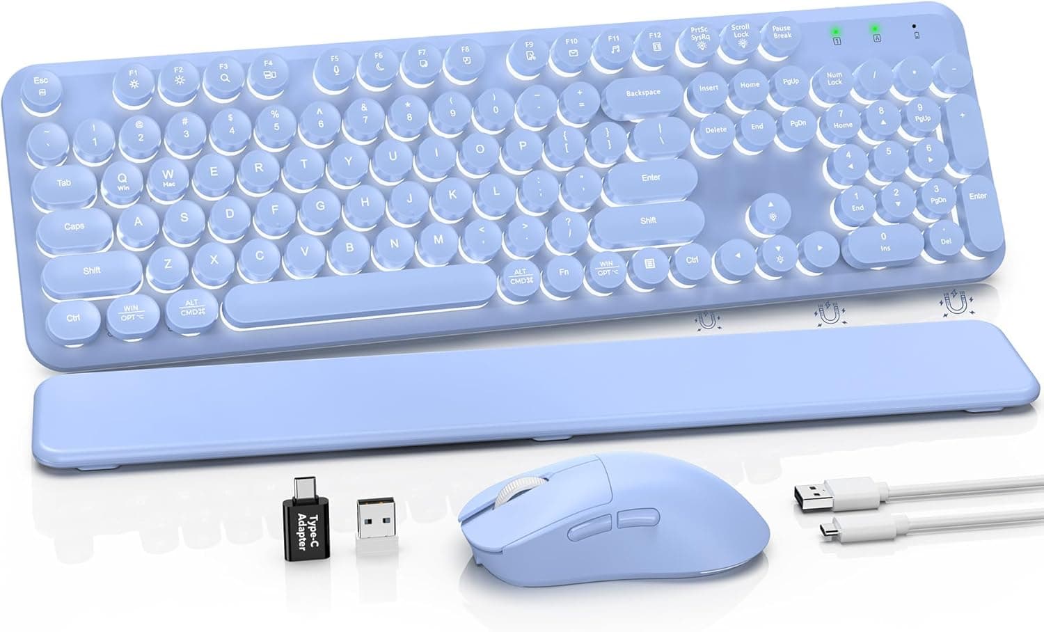 ワイヤレスキーボードとマウスのコンボ、ラウンドキーキャップ、フルサイズのレトロタイプライターキーボード、取り外し可能なリストレスト、スリープモード、チルトレッグ(光るパープル)