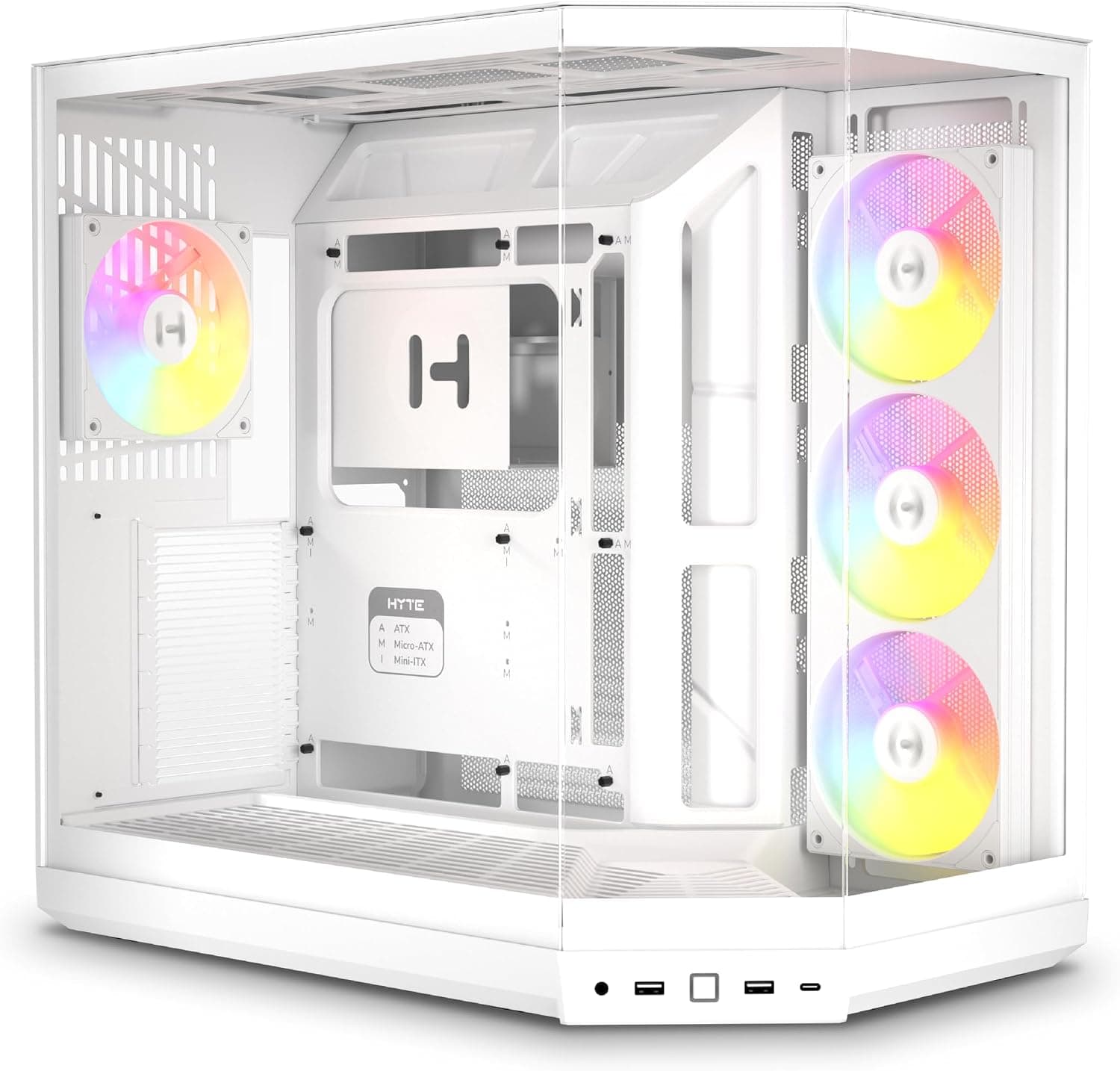 HYTE Y50 RGB エッセンシャル美的ゲーミングPCケース - 4つのRGBファン(120mm x 1 + 360mm リバース1個) - デュアルチャンバー ATX デスクトップシャーシ - リアコネクトマザーボード対応 - スノーホワイト