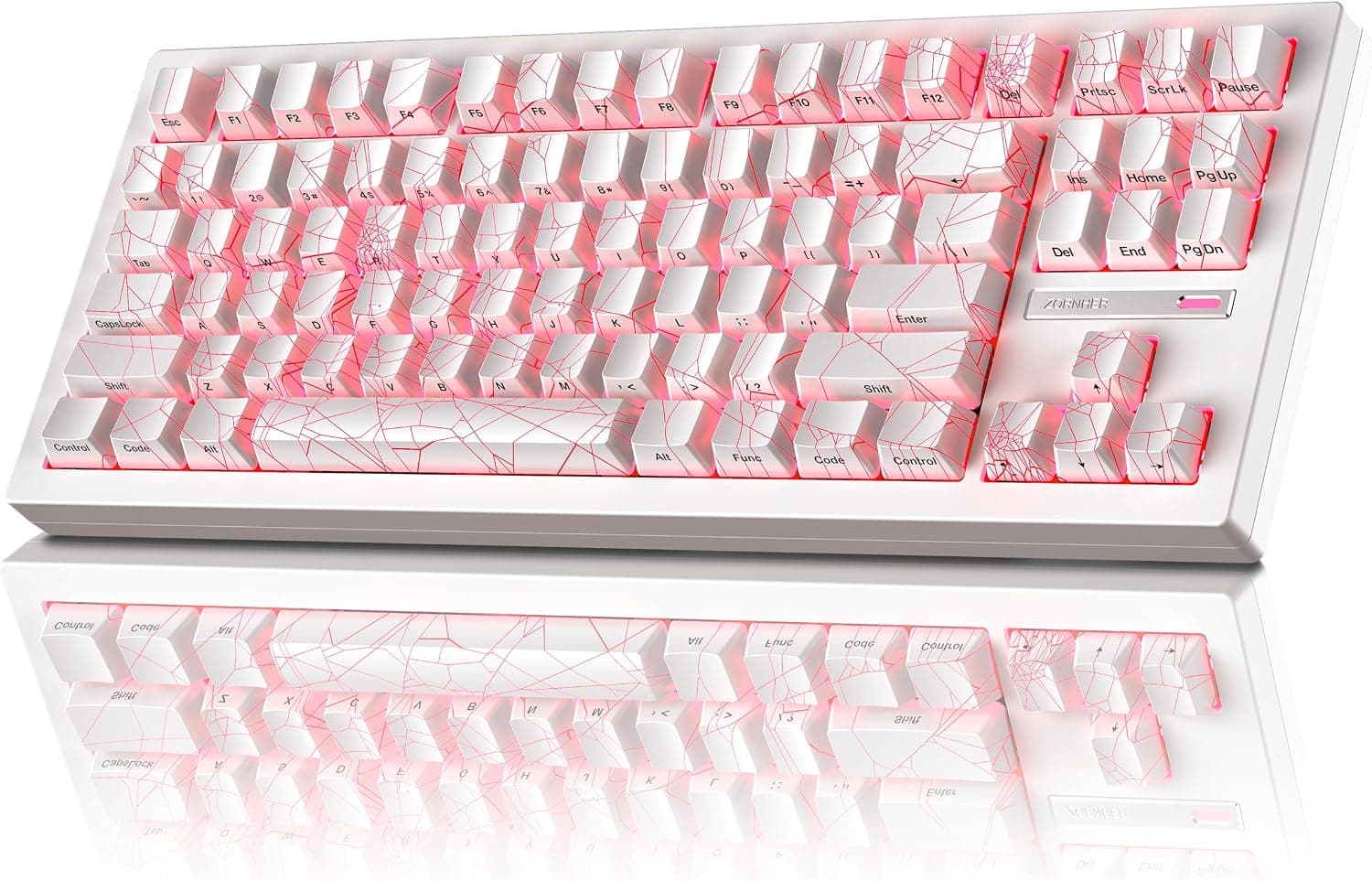 ZORNHER ZH870 80% ワイヤレスゲーミングメカニカルキーボード 3 モードホワイトスパイダーウェブ IMD PC キーキャップクリーミーサウンドリニアスイッチホットスワップ対応 RGB バックライトホワイトモデル Bluetooth5.0・2.4GHz・USB-C