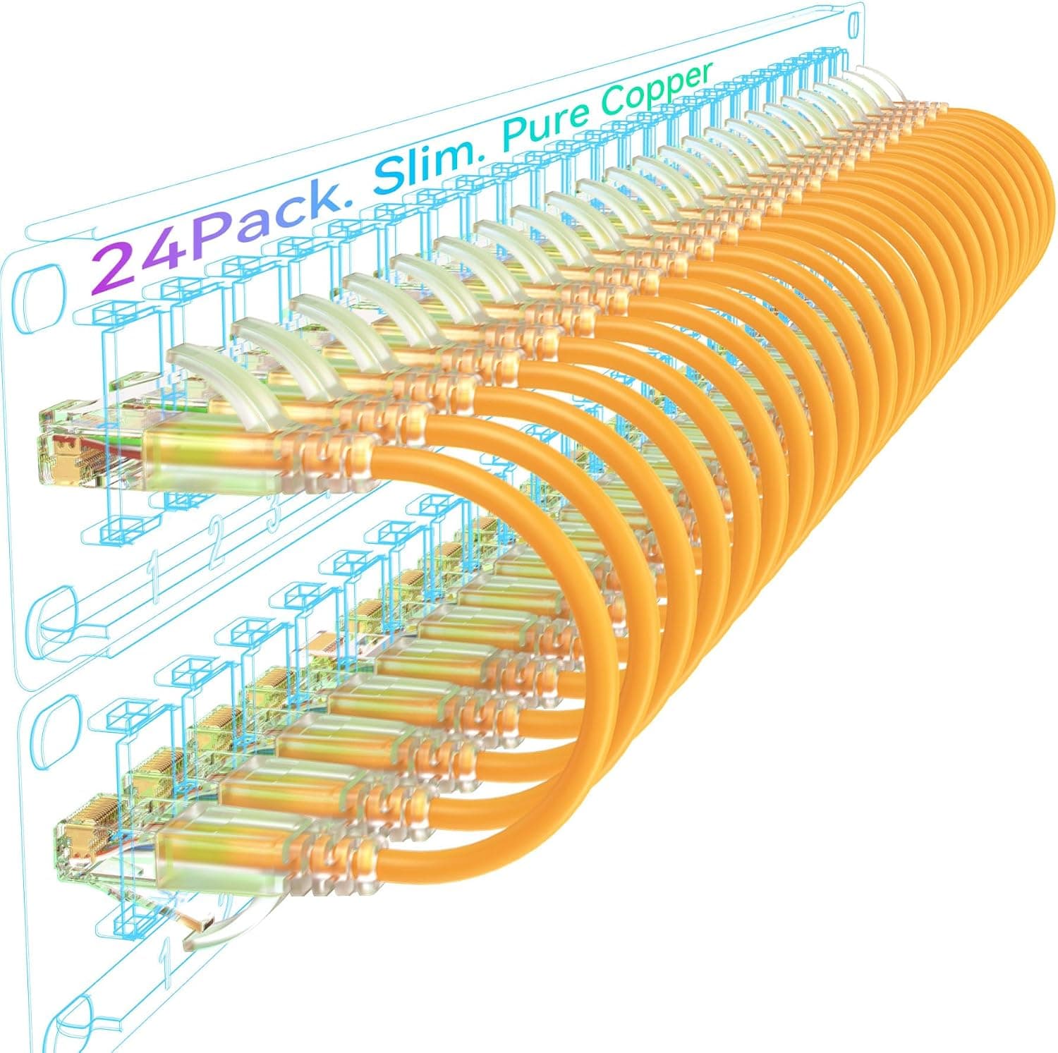 Sokqovt Cat6a Patch Cables Slim 0.2 m (24 パック) フレキシブル Cat6 イーサネットケーブル 10G 550MHZ 28AWG 純銅 Cat 6パッチケーブルネットワークキャビネット用 Cat6パッチケーブルオレンジ