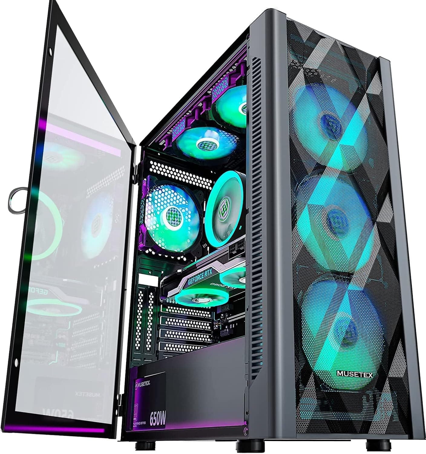 MUSETEX ATX PC ケース 6 PWM ARGBファンをプレインストール