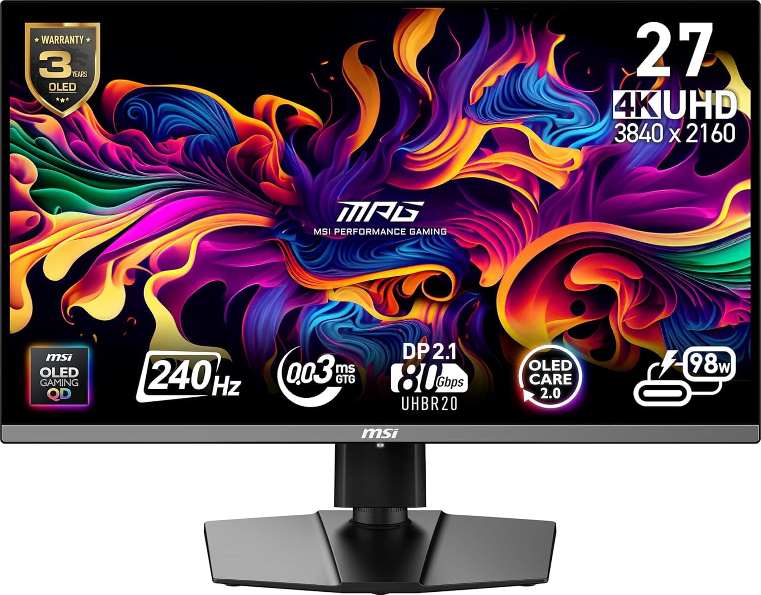 MSI MPG 272URX QD-OLED 27インチ 3840 x 2160 (UHD) コンピューターモニター 240Hz 適応同期 HDMI DPポート VESAマウント可能チルトスピーカー 0.03ms ブラック