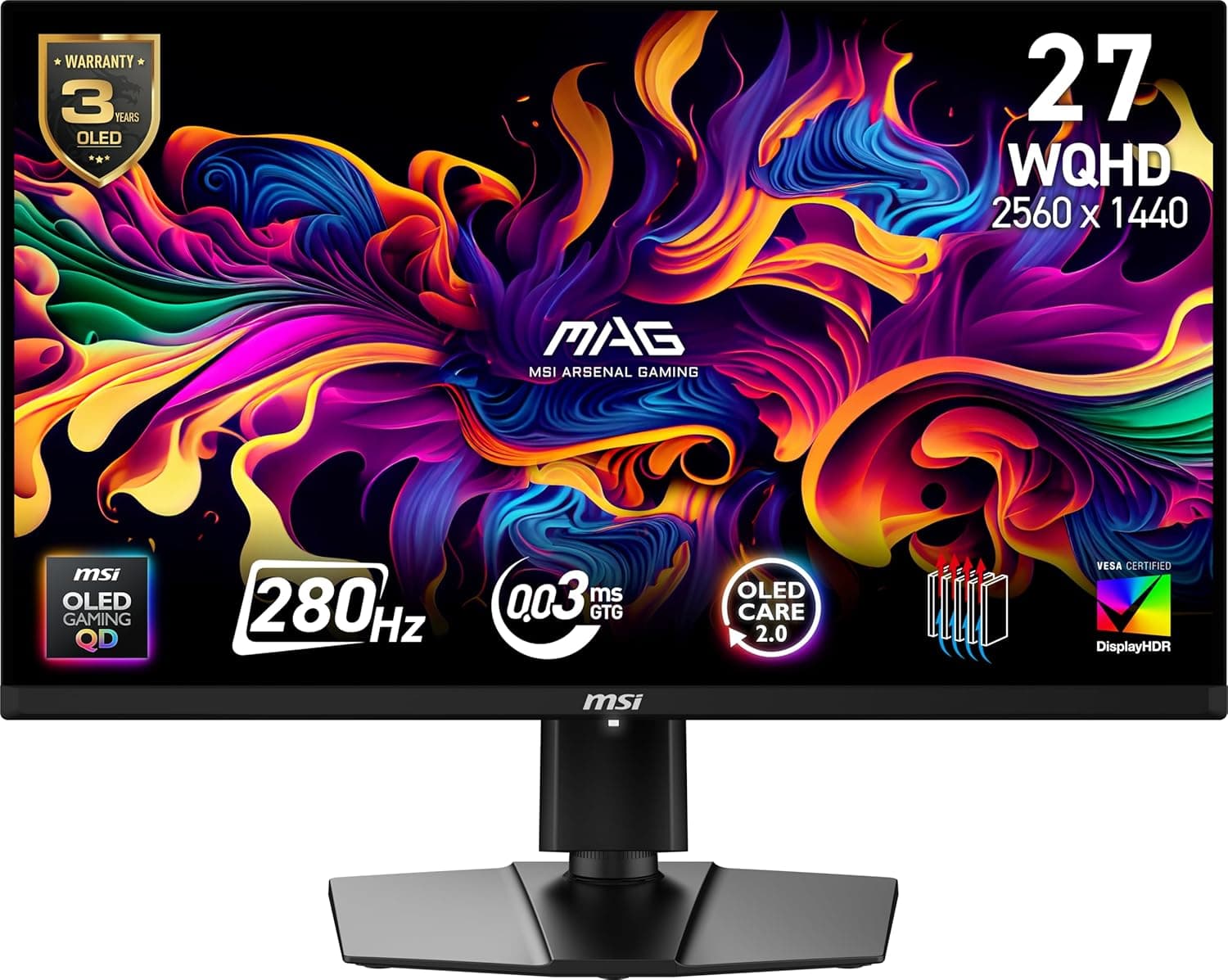msi MAG 271QP QD-OLED X28 27インチ 2560 x 1440 (QHD) ゲーミングモニター 280Hz アダプティブ同期 HDR対応 HDMI VGAポート VESAマウント可能チルト 4面スリムベゼル 0.03ms ブラック