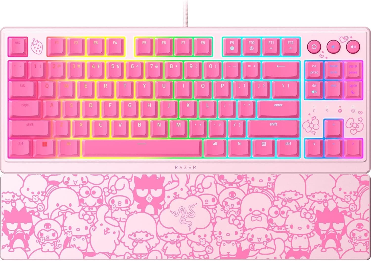 Razer Ornata V3 TKL ゲーミングキーボード:ロープロファイルキー - メカメンブレンスイッチ - UVコーティングキーキャップ - バックライトメディアキー - 8ゾーンRGBライティング - マグネティックリストレスト - ハローキティ&フレンズエディション