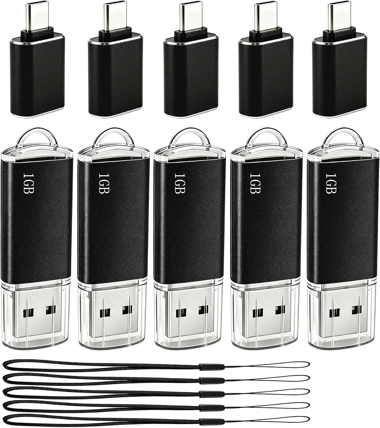 Nicepicten Thumb Drive 1GB USBフラッシュドライブ 5個パック USB-Cアダプター5個付き