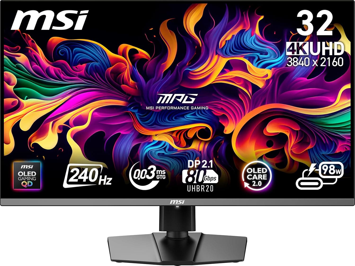 MSI MPG 322URX QD-OLED 32インチ 3840 x 2160 (UHD) コンピューターモニター 240Hz 適応同期 HDMI DPポート VESAマウント可能チルトスピーカー 0.03ms ブラック