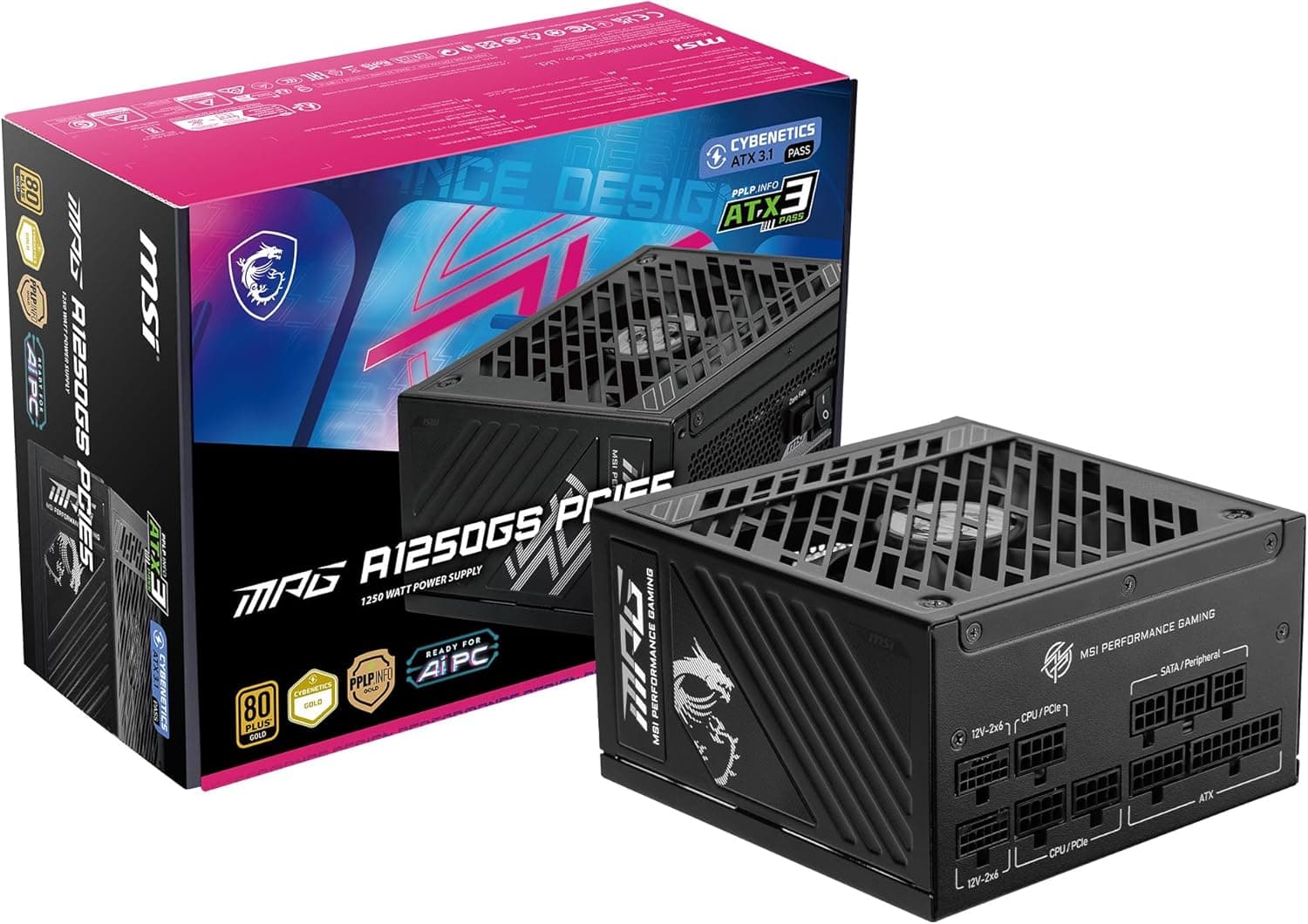 MSI MPG A1250GS PCIE 5.1 ATX 3.1 ゲーム用電源 - フルモジュラー - 80 プラスゴールド認定 1250W - 100% 日本105℃コンデンサ - デュアル 12V-2x6 - ATX PSU - 10年保証