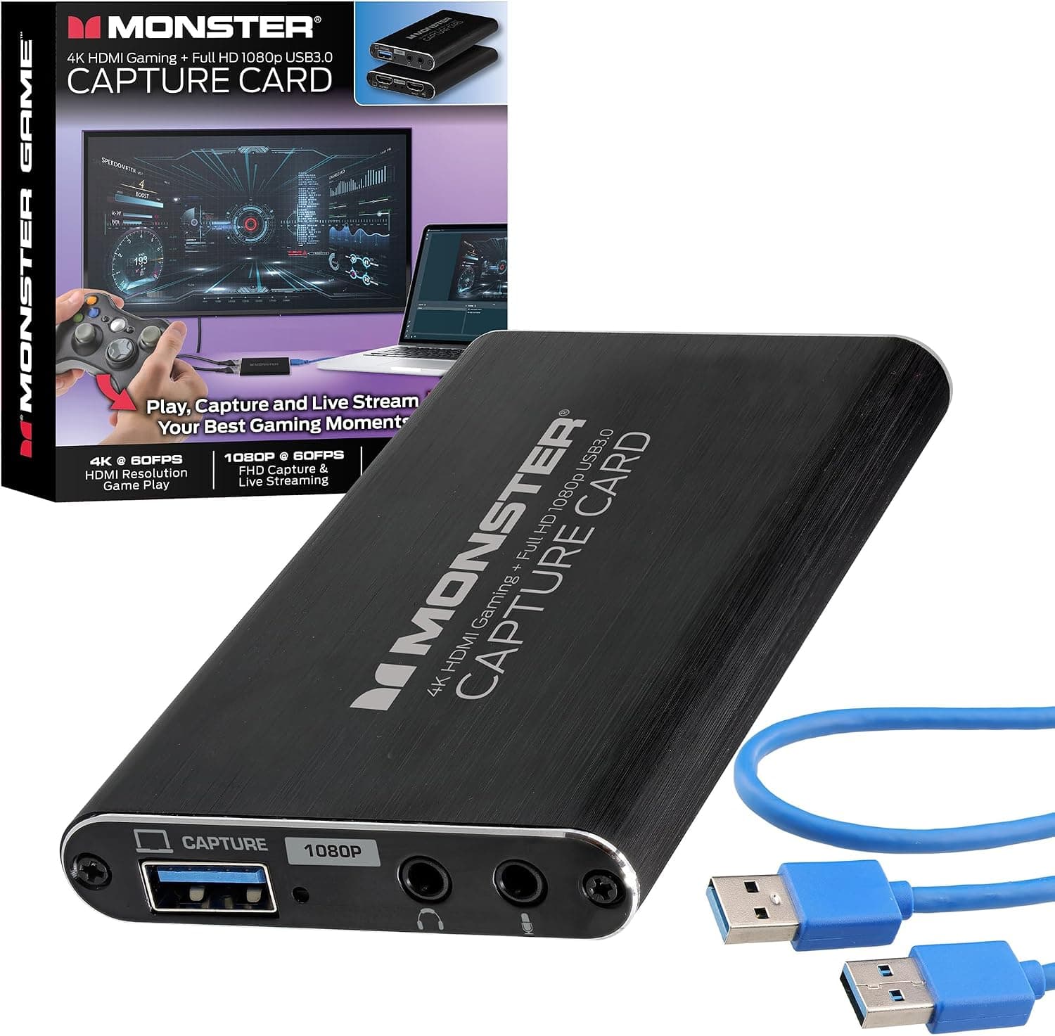 モンスターキャプチャカード、4K 60FPSゲームプレイ、1080p 60FPSキャプチャ&ストリーミング、HDMI入力、HDMI/USB 3.0出力、マイク&ヘッドフォン入出力ポート、PC、Switch、Xbox、PS5用のビデオの録画とストリーミング。