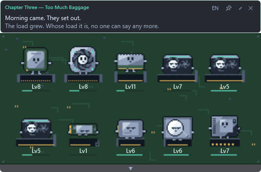 The Parts Life window: nine characters seated in their slots on a circuit board, each with a level