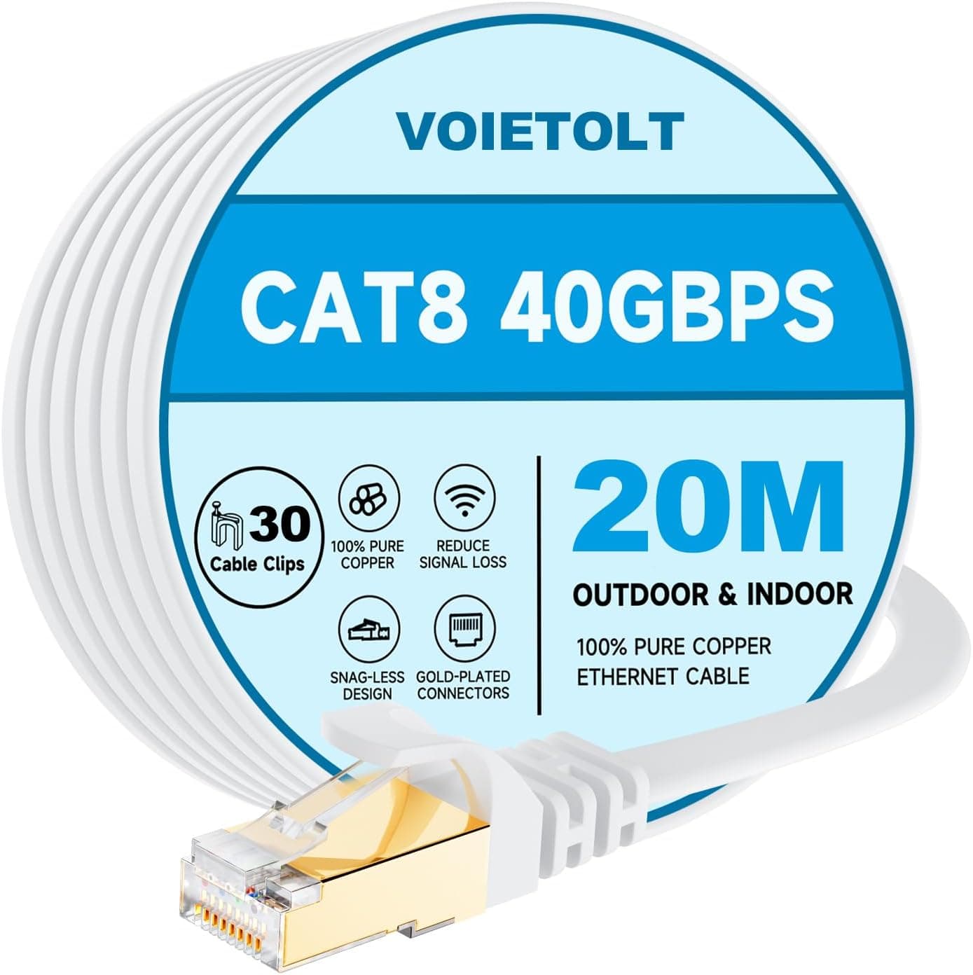 VOIETOLT CAT8 Câble Ethernet 20M avec Clips