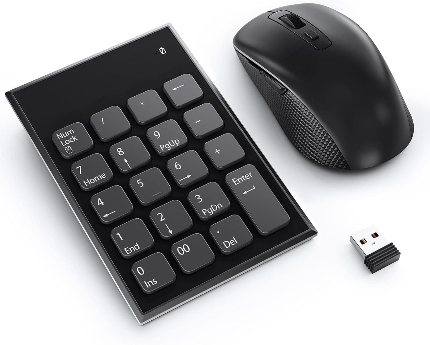 ワイヤレスナンバーパッドとマウスのコンボ、19キーUSBキーパッドと3つの調節可能なDPIサイレントマウス、2.4GHzウルトラスリムキーパッド、ノートパソコン、PC、デスクトップ、ノートブック用 – USBレシーバー1つ、ポータブルで軽量