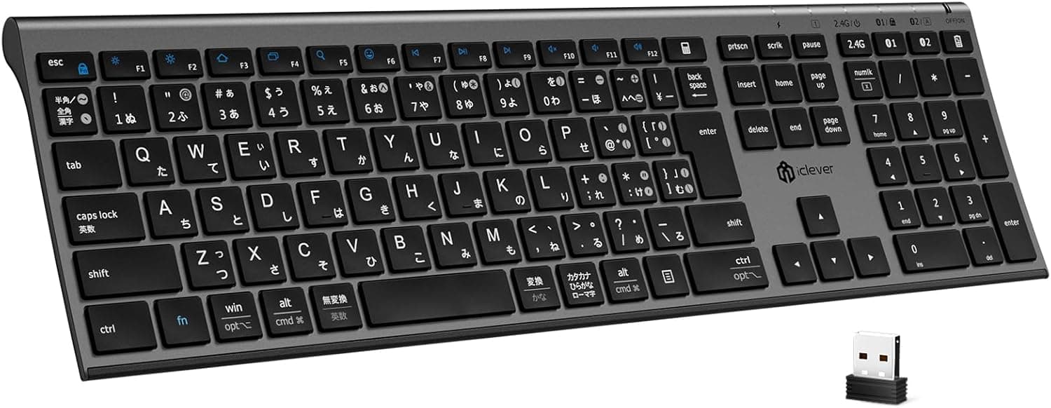 iClever キーボードワイヤレス Bluetooth 2.4GHz JIS日本語配列デュアルモードフルサイズマルチペアリングテンキー付き 3台同時接続充電式 Type-C 静音薄型軽量パンタグラフ式 PC iPad Windows