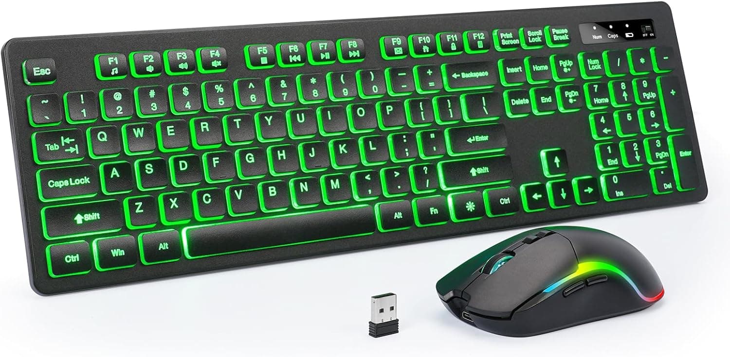 ライトアップキーボードとマウスワイヤレス、明るさ&色調節可能、充電式ライトアップ文字、2.4G USBフルサイズバックライトキーボードマウス Windows、PC、ノートパソコン、デスクトップ、ゲーム用