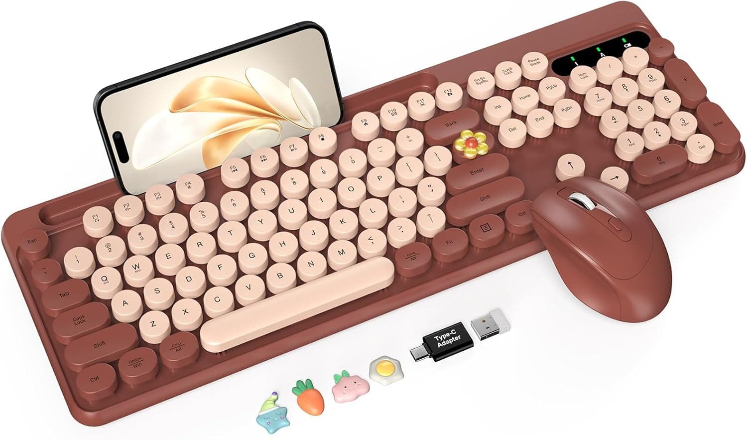 ワイヤレスキーボードとマウスのコンボ、レトロラウンドキーキャップ、フルサイズタイプライタースタイルキーボード、電話/タブレットホルダーと3レベルDPIマウス付き、2.4GHzコードレス接続 Windows/PC/ノートパソコン用 (ワインレッド)