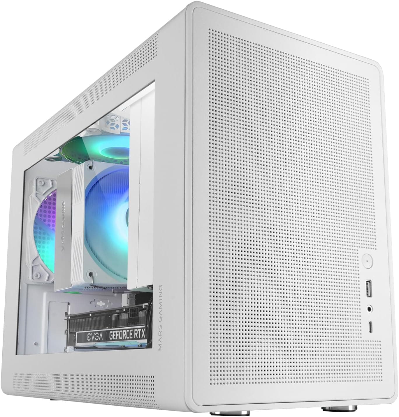 MARS GAMING MC-XPS ウルトラコンパクト MicroATX ゲーミングケース強化ガラス + メッシュパネル FRGB 120mmファンメッシュ冷却テクノロジー デュアルPSU ATXおよびSFX対応 Mini-Tower PC USB-C ホワイト