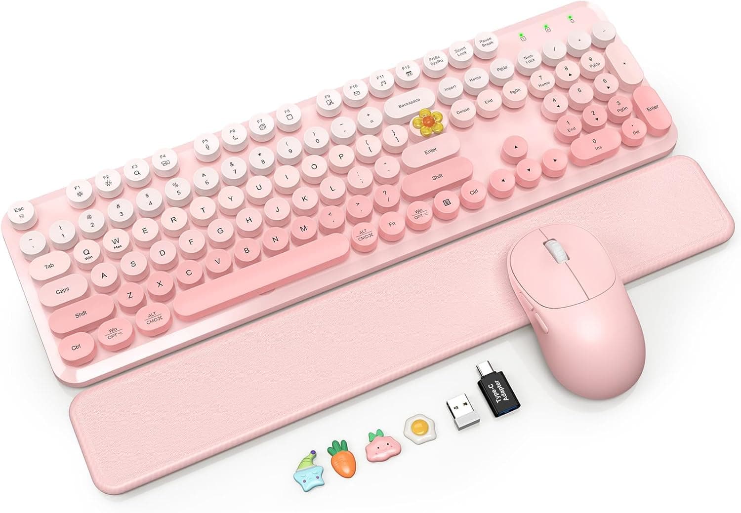 ワイヤレスキーボードとマウスのコンボ、磁気ソフトタッチリストレスト、ラウンドキーキャップ、フルサイズレトロタイプライターキーボード、2段階チルトレッグ、オートスリープ、Windows PC用2.4GHzコードレス、ブラッシュピンクオンブレ