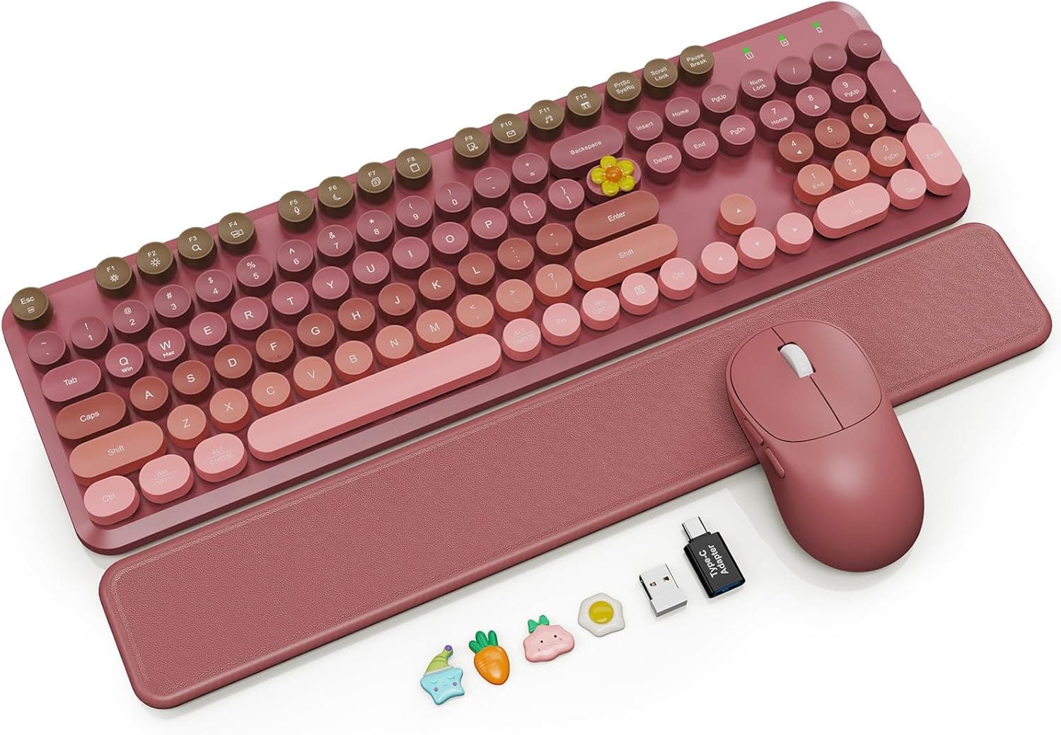 ワイヤレスキーボードとマウスのコンボ、磁気ソフトタッチリストレスト、ラウンドキーキャップ、フルサイズレトロタイプライターキーボード、2段階チルトレッグ、オートスリープ、Windows PC用2.4GHzコードレス、ローズピンクオンブレ