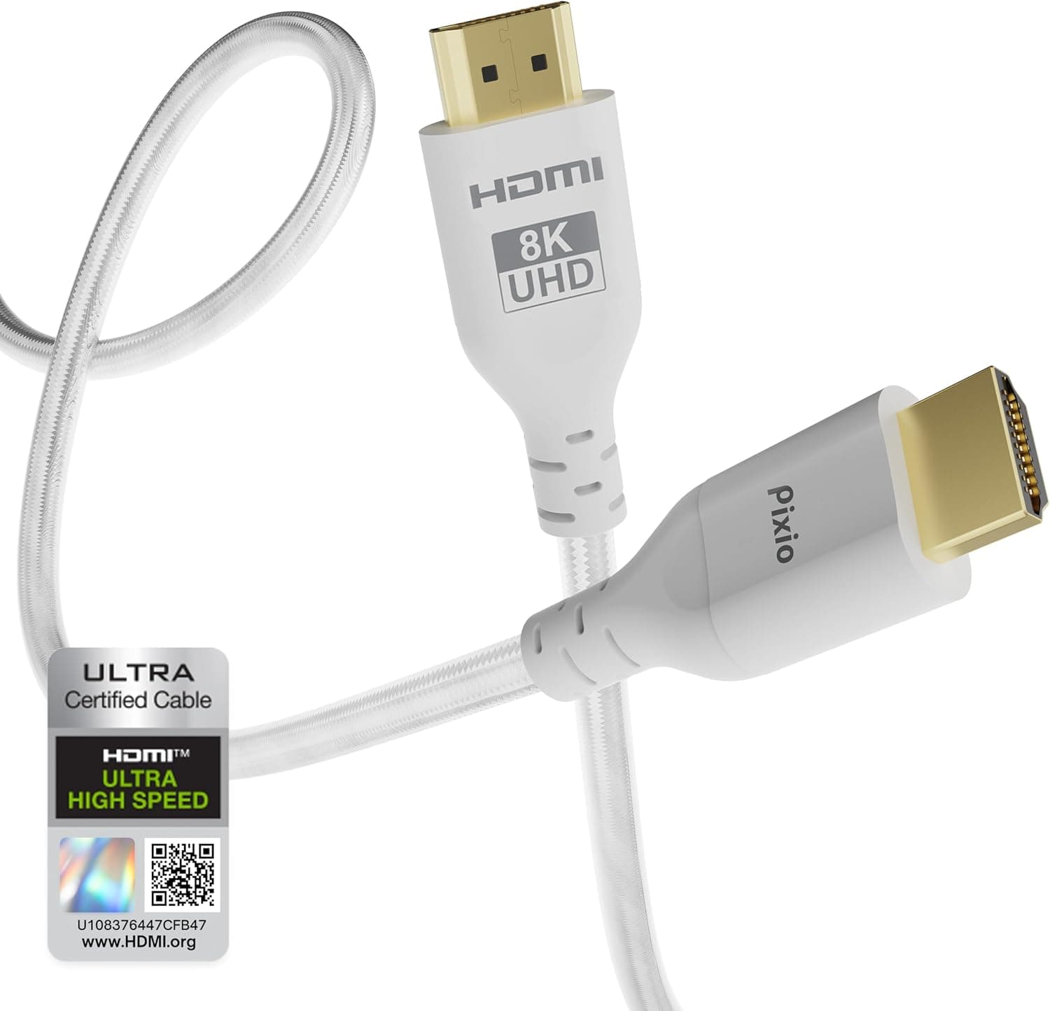 Pixio ホワイト 8K HDMI 2.1 ケーブル HDMI-to-HDMI 認定超高速 6FT 8K 60Hz 4K 120Hz ナイロン編組金メッキコネクタ破損防止 HDR10+ dtsx eARC HDCP ドルビー対応