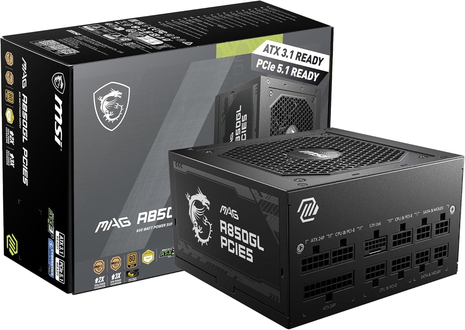 MSI MAG A850GL PCIE 5.1 & ATX 3.1 ゲーム用電源 - フルモジュラー - 80 Plus ゴールド認定 850W - コンパクトサイズ - ATX PSU - 10年保証