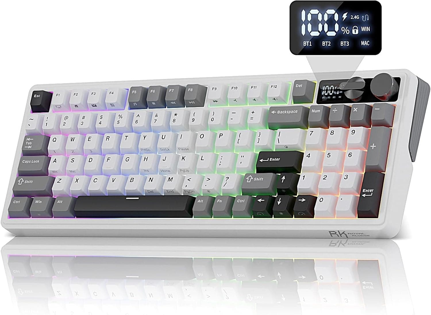 RK ROYAL KLUDGE M100 ワイヤレスメカニカルキーボードスクリーン&デュアルノブ付きトライモードガスケットマウントゲーミングキーボードナンバーパッド付きホットスワップ可能なクリームスイッチホワイト