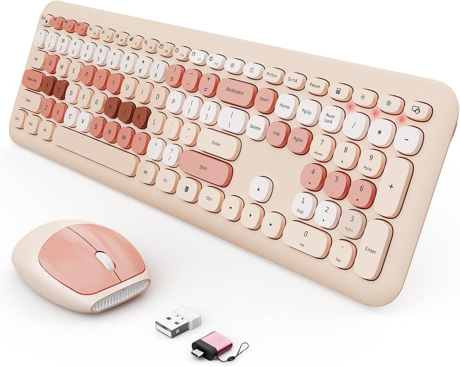 ワイヤレスキーボードとマウスのコンボ、かわいいブラウンレトロタイプライターキーボード、ナンバーパッド付き、2.4GHz USBレシーバー+Type-Cアダプター、プラグアンドプレイ、ノートパソコン、デスクトップ、PC、Chromebook用