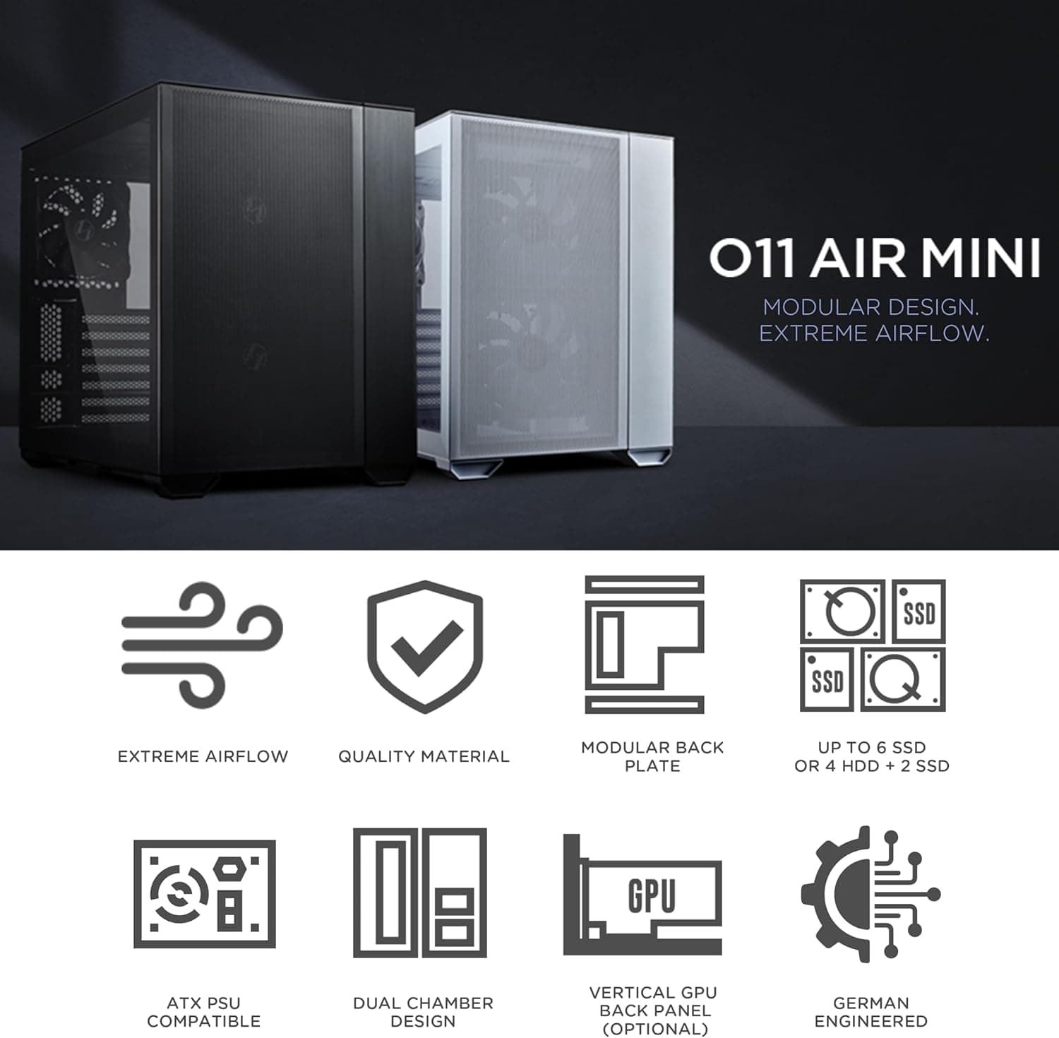 Lian Li O11 AIR MINI - メッシュ&アルミニウムパネル付きコンパクトミニITXケース。140mm PWMファン2個と120mm PWMファン1個付き。最大200mmの長さのATX PSU(O11AMXホワイト)をサポート