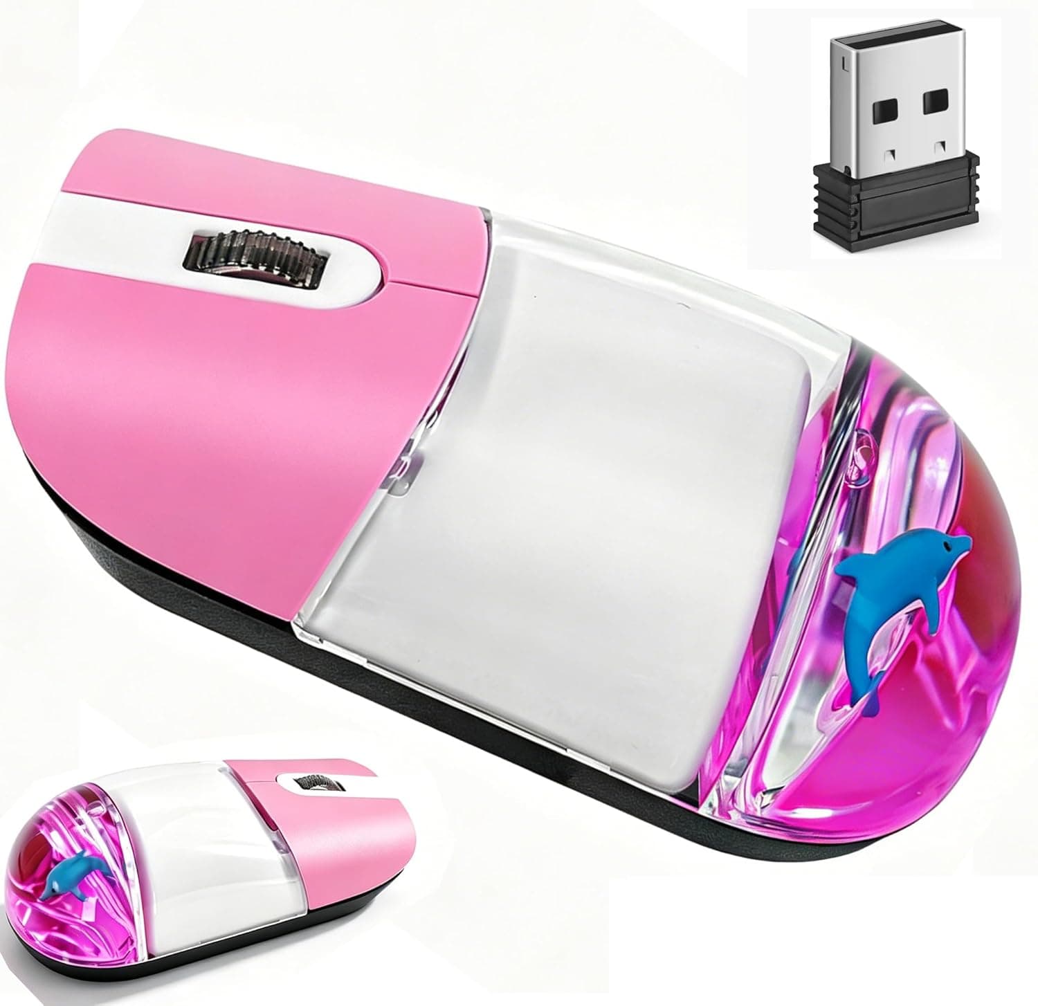 ワイヤレスマウスキュートピンクアクアウォーターマウス美的クリア静音光学式ポータブル軽量レトロマウス PC ノートパソコンコンピューター Macbook キッズ女の子女性ギフト液体水セクションフローター イルカ