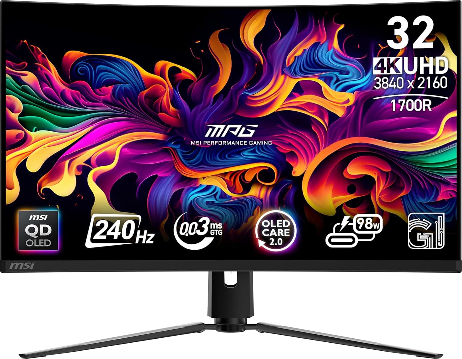 MSI MPG 321CURX QD-OLED 32インチ 3840 x 2160 (UHD) コンピューターモニター 240Hz 適応同期 HDMI DPポート VESAマウント可能チルトスピーカー 0.03ms ブラック