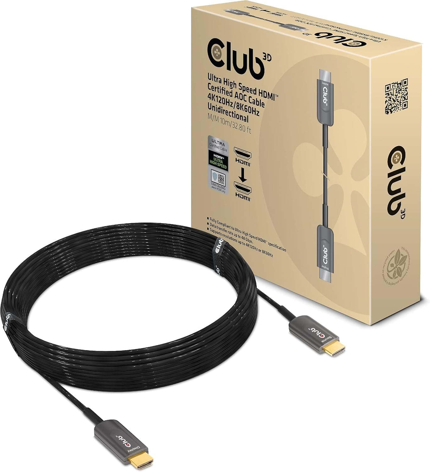 Club 3D HDMI™ (AOC) アクティブ光ケーブル 4K120Hz 8K60Hz HDR 単方向 オス